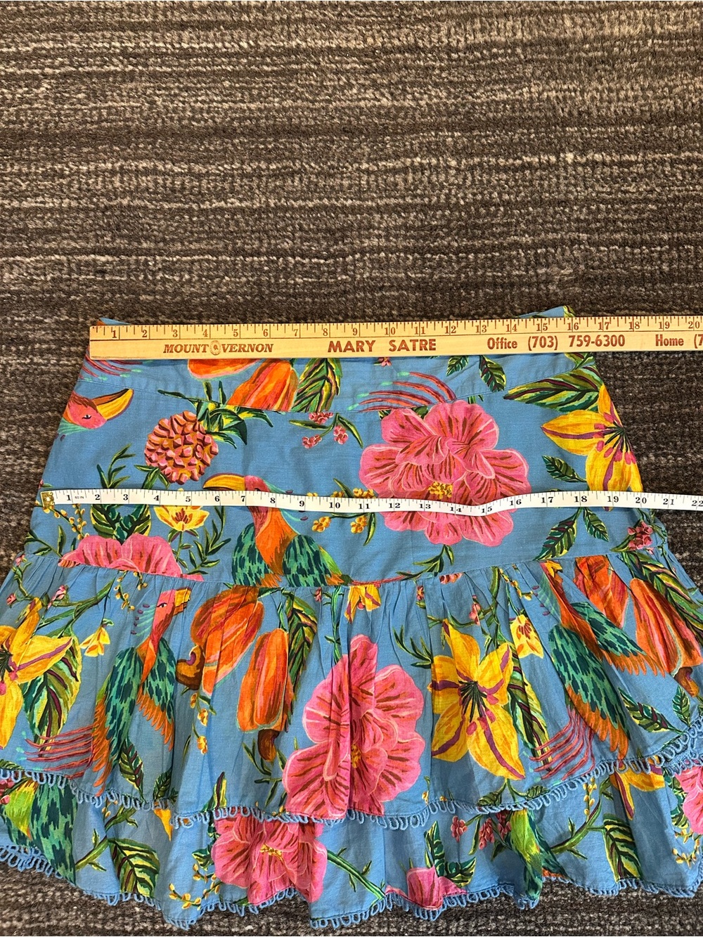 Farm Rio Blue Toucans Floral Tiered Mini Skirt Size Large Garden Tropical Summer - Picture 12 of 14